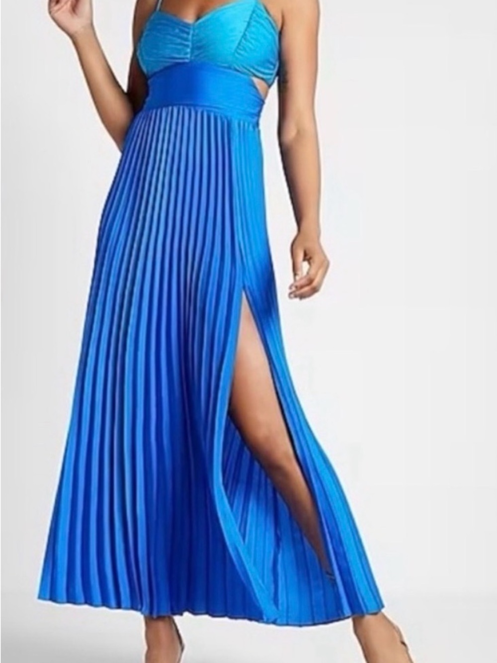 Express PLEATED COLOR BLOCK SIDE CUTOUT MAXI DRESS